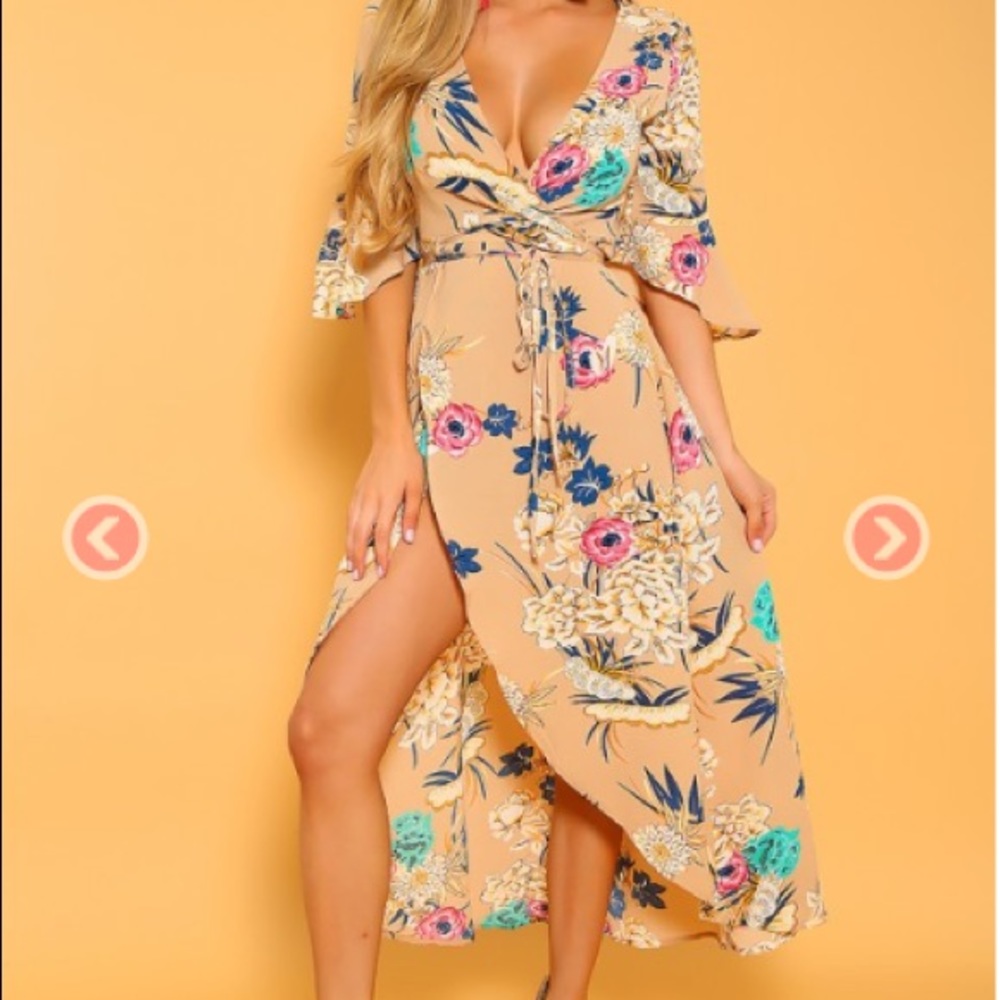 Beige floral flared short sleeve flowy party dress